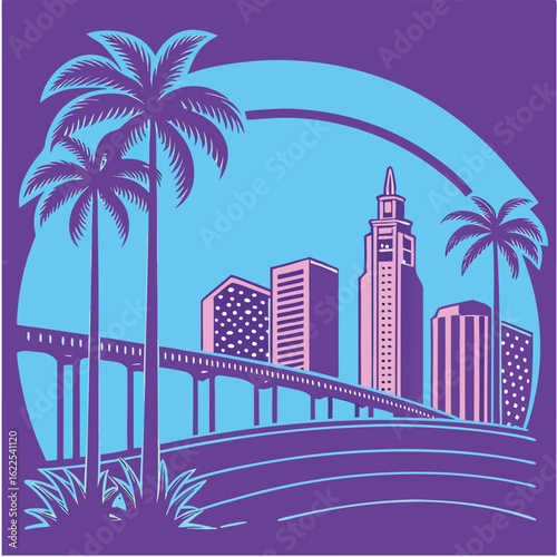 A vibrant San Diego skyline vector in silhouette style with the Coronado Bridge 