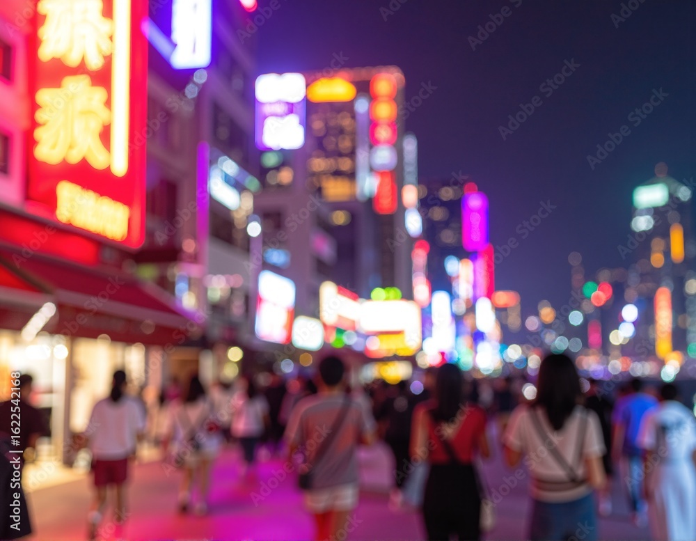 Fototapeta premium A soft-focus image captures a bustling street scene, with diverse individuals strolling, some chatting, while vibrant storefronts line the background.