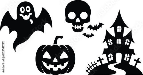Black Halloween Clipart Featuring Ghost, Pumpkin, Skull, Bats, and Haunted House Silhouette