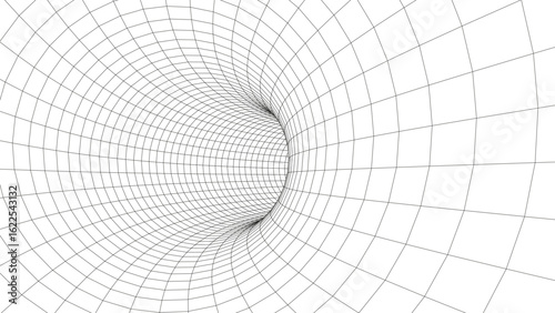 Vector cyber futuristic speed tunnel. Sci-fi white wormhole. Abstract 3D wireframe portal with connections lines and dots. Data flow. Technology grid funnel.