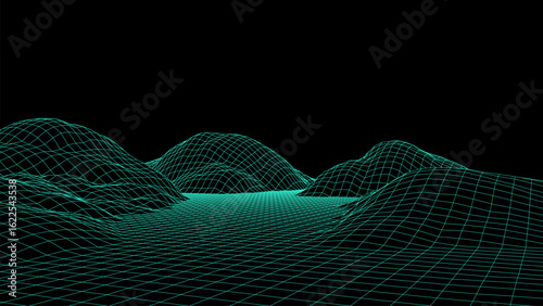 Abstract wireframe terrain. Vector landscape of blue mountains. Futuristic polygonal background. Technology perspective grid with 3d landscape. Retro design.
