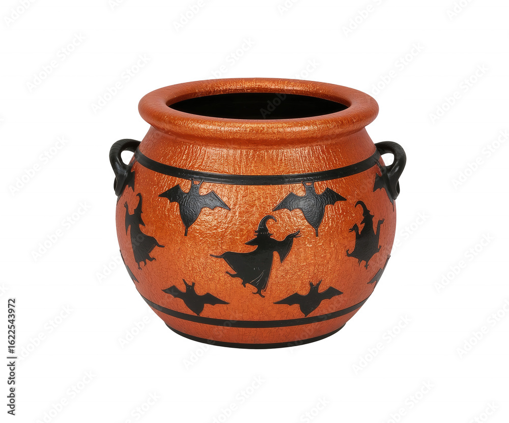 A High-Resolution Stock Photo of a Large Halloween Cauldron with Witch and Bat Designs on an Isolated Background A High-Resolution Stock Photo of a Large Halloween Cauldron with Witch and Bat Designs on an Isolated Background