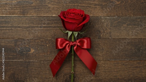 Crimson flower wrapped in a red ribbon placed on wooden planks, Valentine's idea.