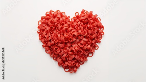 Heart design made of different red pasta types on a white and black surface