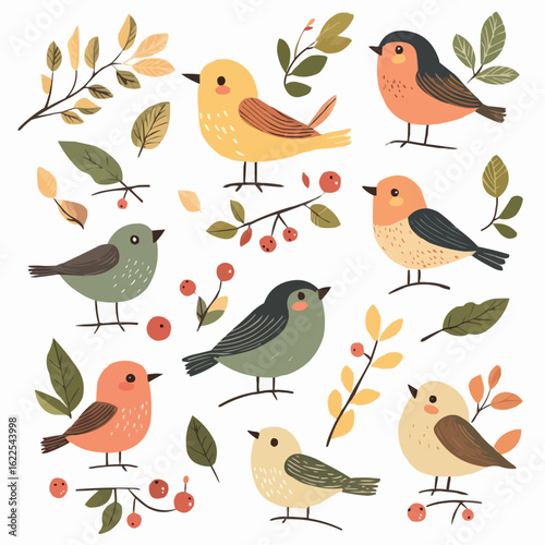 A cheerful autumn bird with berries and forest leaves, made as cozy seasonal clipart for printable cards, notes, and fall-themed stationery
