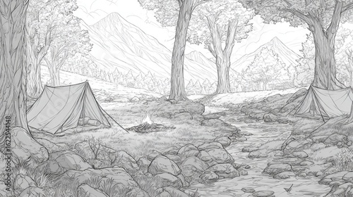 Wilderness campsite sketch with a flowing creek.
