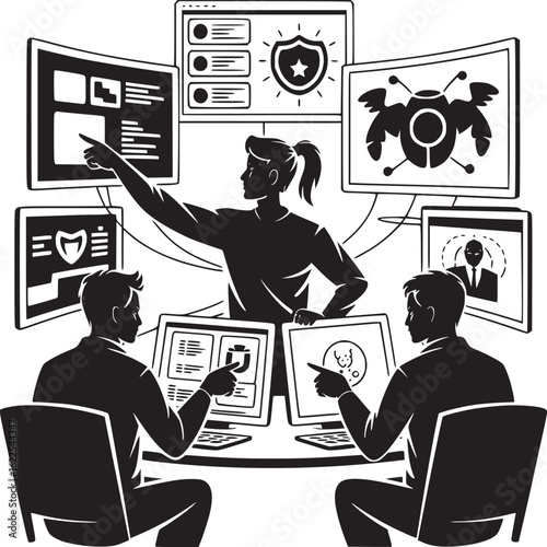 Team working on cybersecurity with monitors displaying data and security icons in black and white style