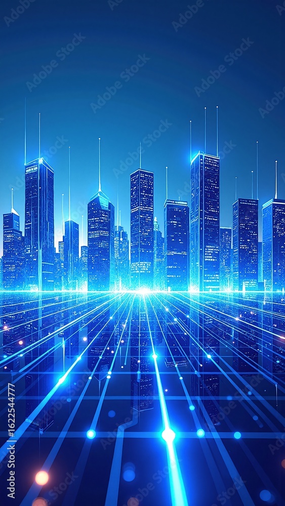 Fototapeta premium A vibrant cityscape featuring sleek, futuristic skyscrapers adorned with colorful neon lights, casting a luminous glow against the night sky.