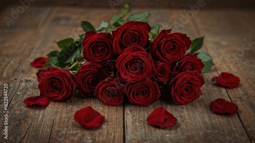 Scarlet blossoms arranged on a timber backdrop