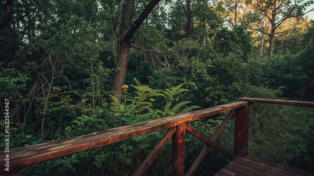 Serene outdoor escape framed by wooden rails and rich plant life at sundown Serene outdoor escape framed by wooden rails and rich plant life at sundown