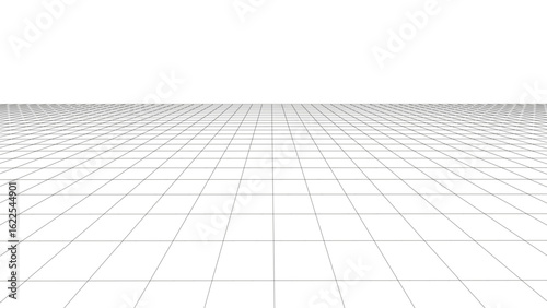 Vector abstract technology perspective grid. Detailed wireframe landscape with white lines on black background. Digital space with mesh.