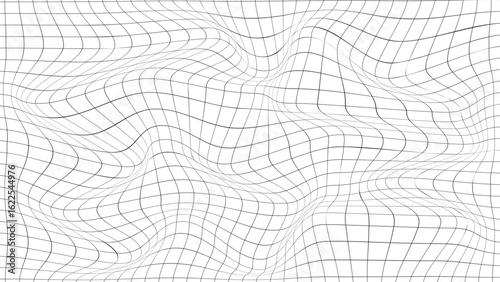 Vector abstract distorted grid. Futuristic wireframe wave with effect glitch. Creative white lines with curved perspective mesh.