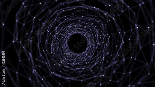 Vector cyber futuristic speed tunnel. Sci-fi purple wormhole. Abstract 3D wireframe portal with connections lines and dots. Data flow. Technology grid funnel.