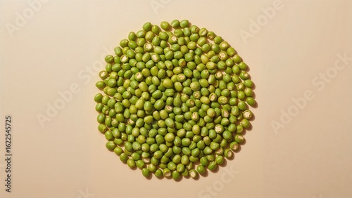 Bird's-eye view of corn arranged in a circle on beige vinyl