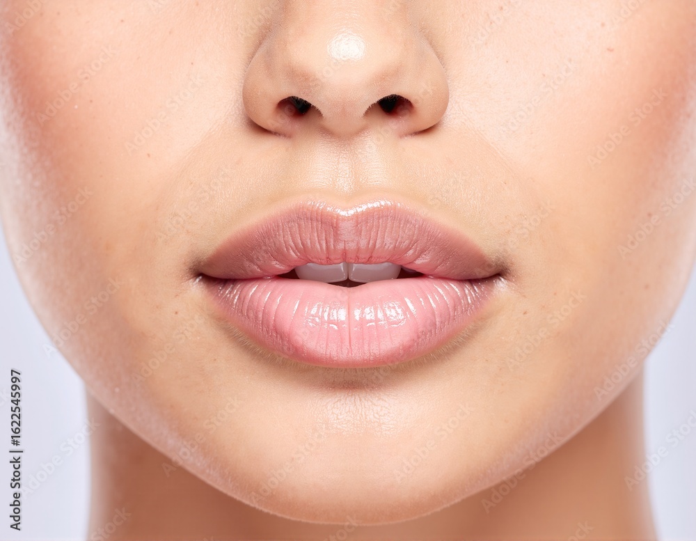 Fototapeta premium A close-up view of a pair of full, luscious lips, slightly parted to reveal a hint of teeth, showcasing a soft, natural pink hue and subtle gloss.