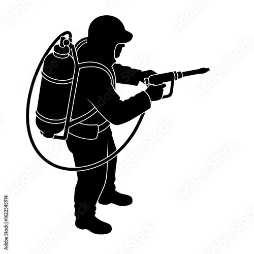 Silhouetted Worker with Protective Gear and Spray Gun
