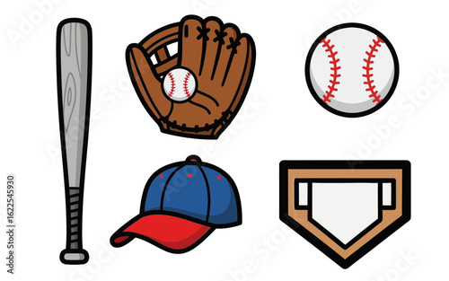 Baseball Equipment Bat Glove Ball Cap and Home Plate Cartoon Illustration