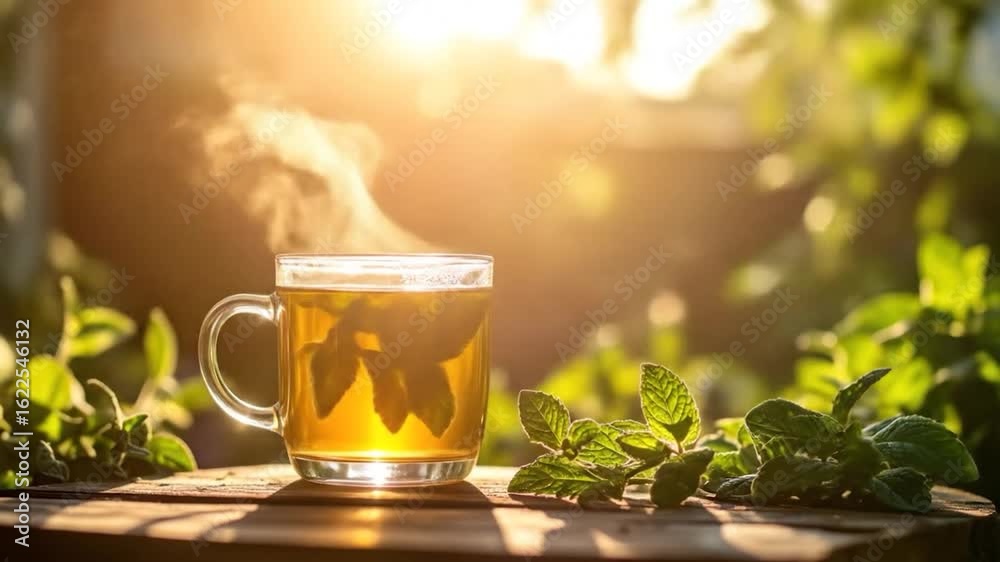 Steaming tea in a glass mug with mint sprig on wood surface, sunlit, greenery behind Steaming tea in a glass mug with mint sprig on wood surface, sunlit, greenery behind