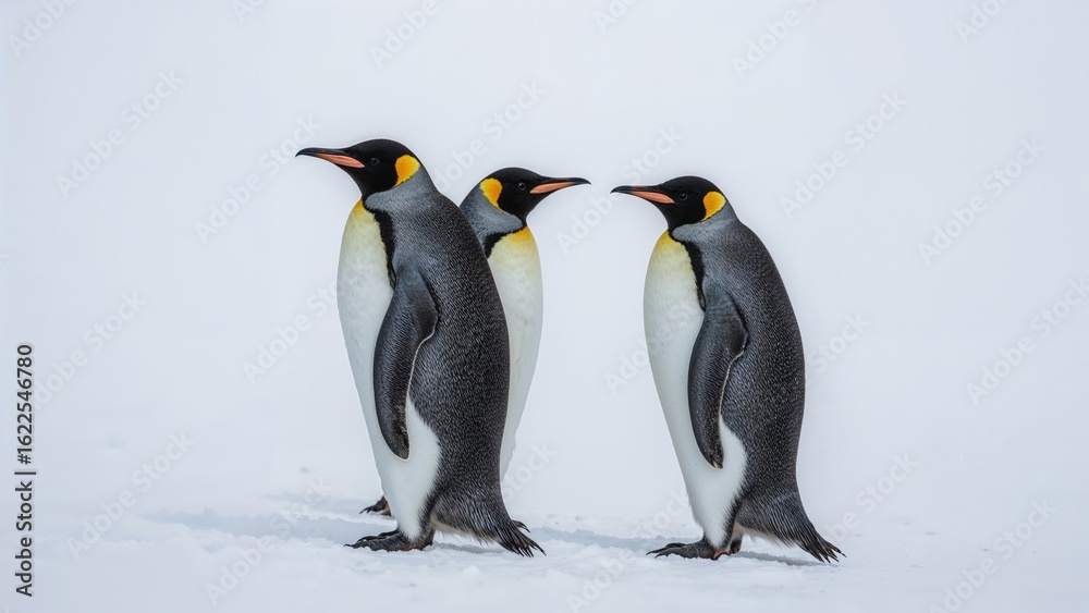 Fototapeta premium A trio of Emperor penguins (Aptenodytes forsteri) on snowy ground against a plain white background