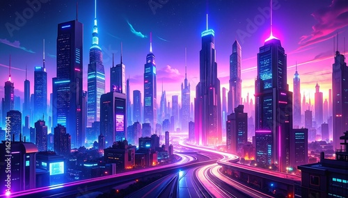 A vibrant futuristic cityscape illuminated by colorful neon lights, bustling with flying vehicles and pedestrians, showcasing advanced architecture and technology.