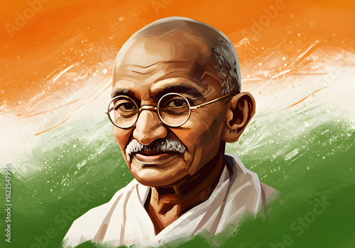 Mahatma Gandhi Portrait on Indian Flag | Illustration for Indian Independence Day, Indian Culture, History, and Educational Materials