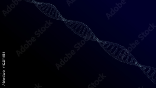 Abstract moving DNA wave with blue dots and lines. Concept network connection system data. Music sound background. Genetic biotechnology and artificial intelligence. Vector.