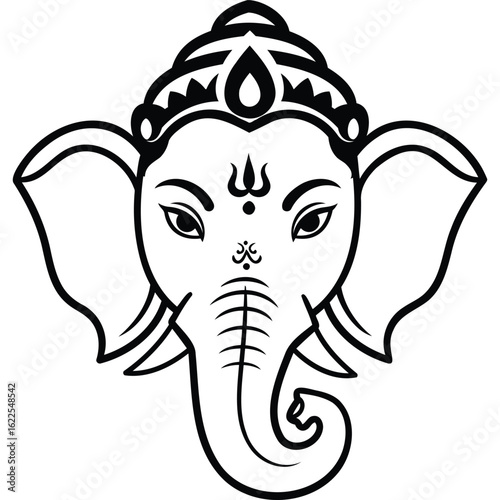A detailed line drawing of ganesha's face with large ears and a decorative crown on a white background silhouette