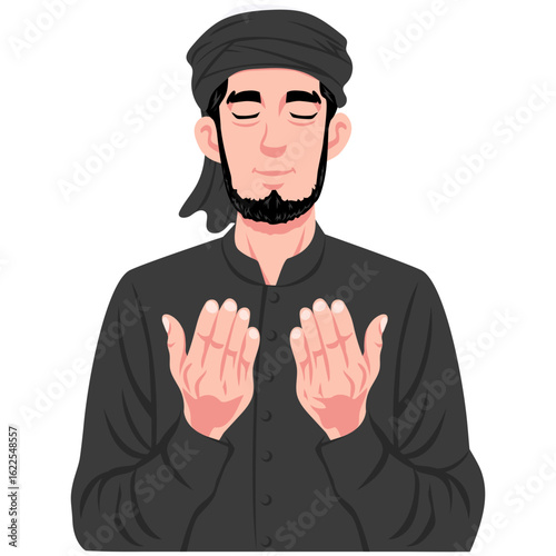 Muslim Man Praying Imam Wearing Turban Character Cartoon Illustration