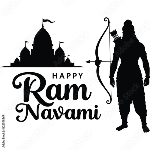 Silhouette of ram navami celebration with temple, bow and arrow, and lord rama illustration design