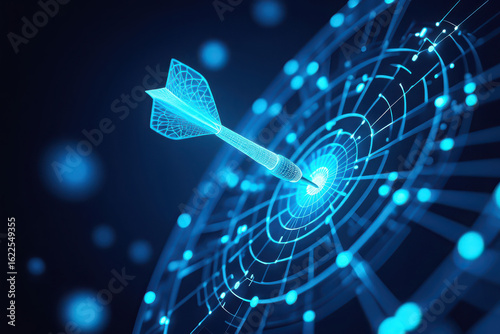 A glowing blue dart hits the center of a futuristic digital target with a network of glowing lines and nodes