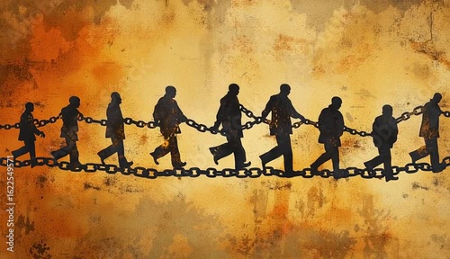 Chains of oppression: slavery roots, trade horrors, racism rise, captive lives, ownership wrong, enforced labor, freedom denied, social injustice, racial divide, exploited souls, historical burden.
