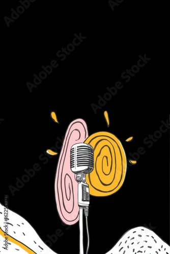 Retro Microphone And Abstract Shapes Poster. Creative Music And Sound Art Decor. Ideal Design for Banner, Social Media, Wallpaper, Brochure, Cover or Flyer