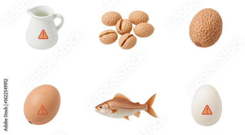 Assortment of common food allergens including milk nuts eggs and fish on a white background