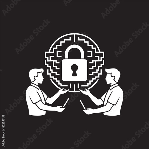 Two figures holding devices below a digital padlock and circle design in white on black background