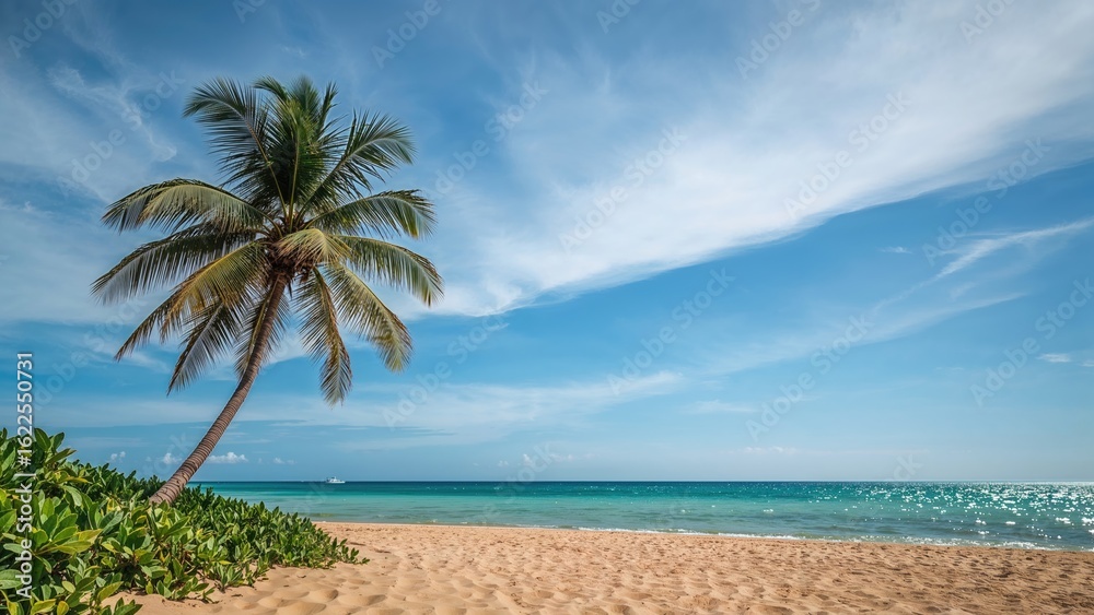 Fototapeta premium Relaxing tropical coast with prominent palm tree silhouettes