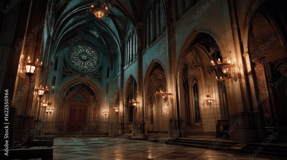 Fototapeta premium Dark Gothic Cathedral Interior at Night with Stunning Architecture