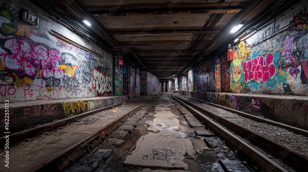 Naklejka premium Colorful Graffiti Covering Abandoned Subway Walls in Dark Tunnel