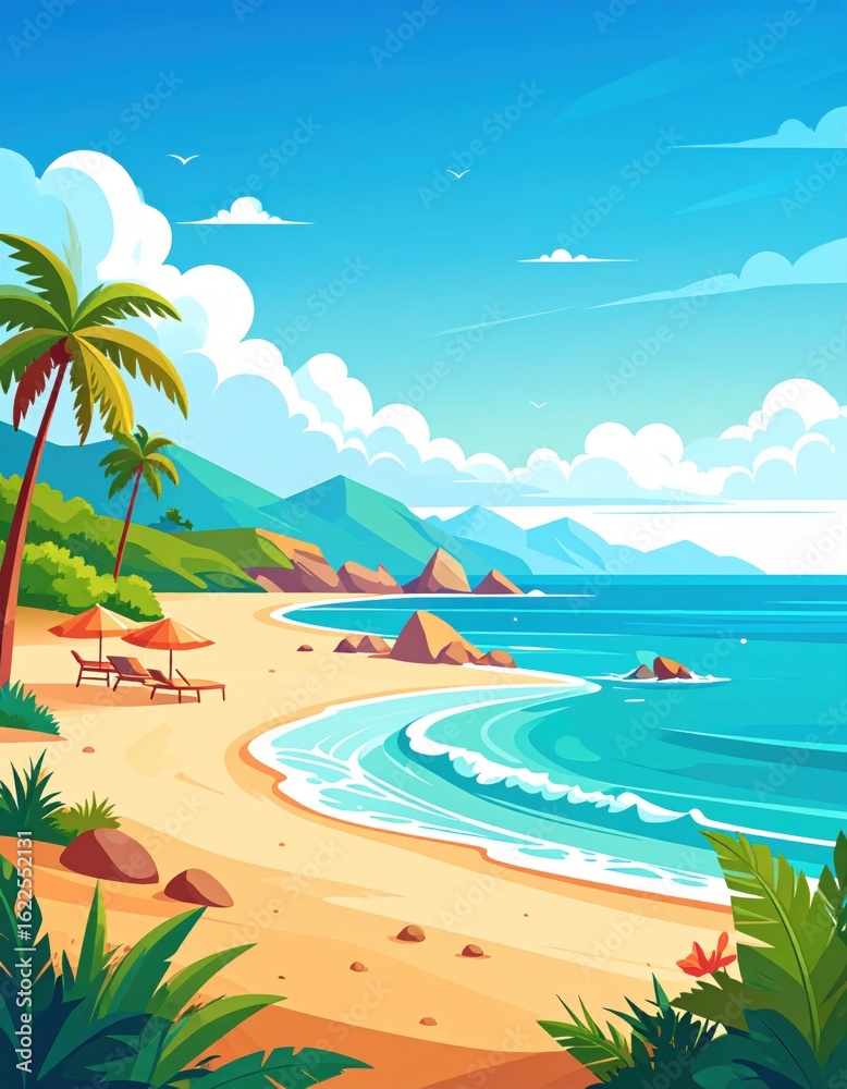 Obraz premium A vibrant beach scene featuring palm trees, rolling waves, and distant mountains under a bright blue sky, creating a perfect tropical getaway atmosphere.