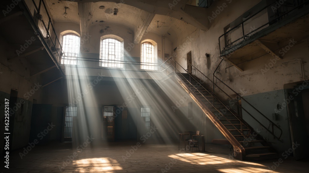 Obraz premium Haunting Light Rays Inside an Abandoned Prison Cell Block