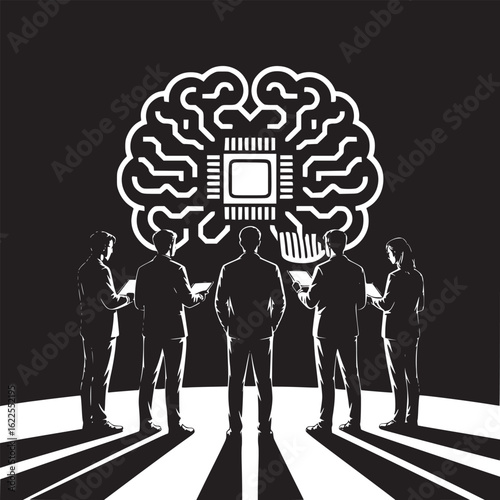 Group of people looking at a brain shaped computer chip on a black background in monochrome style