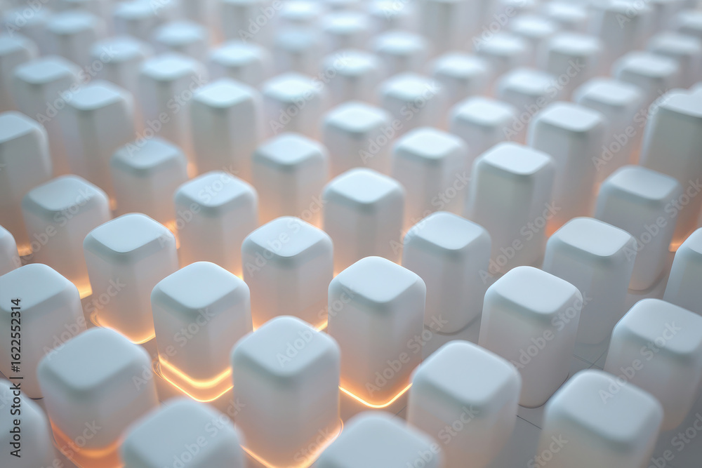 Obraz premium Abstract pattern of glowing white blocks with orange light from below, close up perspective