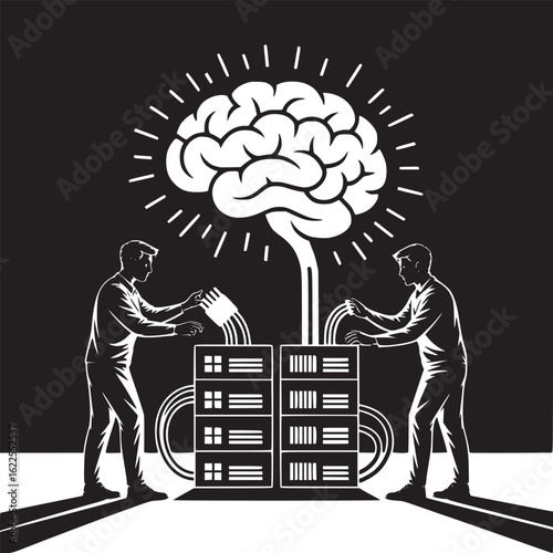 Men connecting cables to servers with a brain above in black and white illustration style art