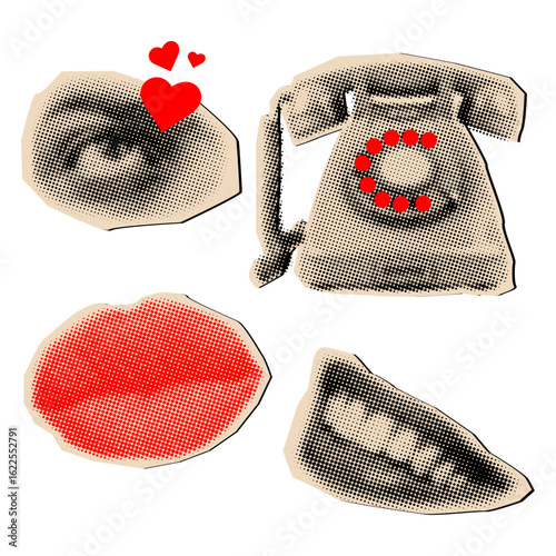 Halftone collage eye looking up with hearts,old telephone,kissing lips and smiling lips, trendy collage elements cut out from paper