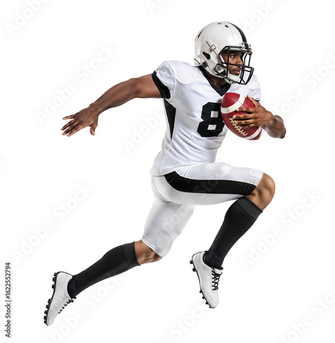 American football player in white running with ball in one hand in elegant pose
