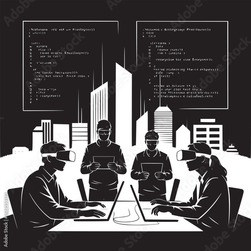 People working with vr headsets and laptops in front of a cityscape with code overlays