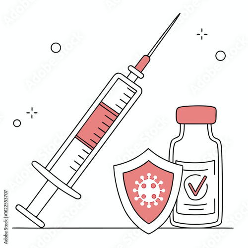 Flat illustration of syringe and vaccine vial with shield icon generated by ai