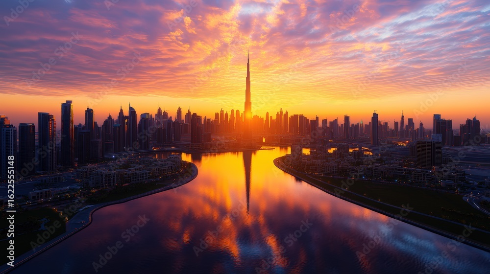 Fototapeta premium Breathtaking aerial view of a vibrant city skyline at sunset with towe skyscrapers and a glowing river scene