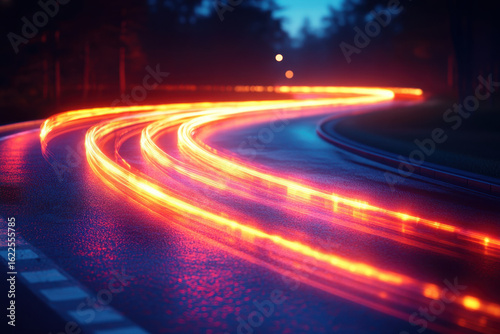 Blurred car headlights speeding on road.