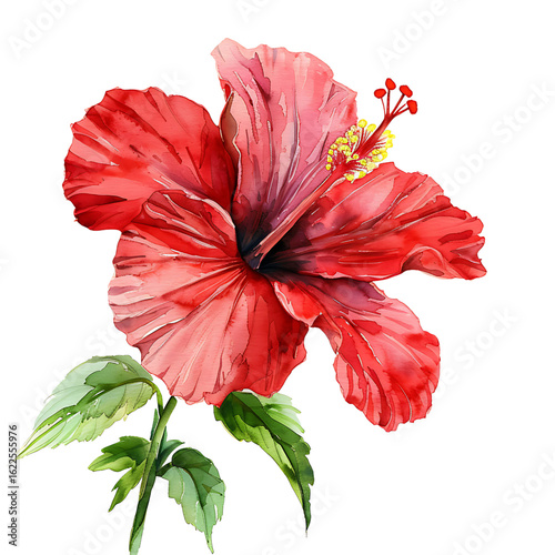 Watercolor red hibiscus flower with leaves on transparent background
