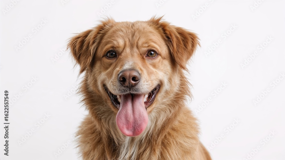 Fototapeta premium Close-up studio image of a charming mixed-breed canine showing its tongue, isolated on a white background.